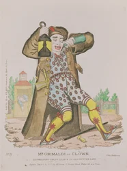 Mr Grimaldi als Clown, verlicht de ingang naar Old Gutter Lane, uitgegeven 1833